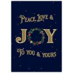 Peace Love and Joy Christmas Card with Festive Wreath Design on Navy Background