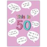 Funny 50th Birthday Card with Humorous Age-Related Quotes on Pink Background