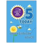 Personalised 5th Birthday Card for Boy with Bee and Flower Design Blue Background