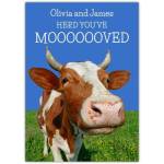 Personalised Humorous New Home Card with Friendly Cow and Herd Pun