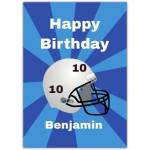 Personalised Boys Birthday Card with American Football Helmet Blue Sunburst Design