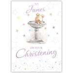 Personalised Christening Card with Teddy Bear in Birdbath Design for Baby or Child