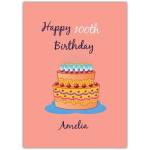Personalised 100th Birthday Card with Illustrated Cake on Coral Background