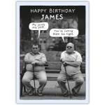 Personalised Humorous Happy Birthday Card for James with Funny Old Men Conversation Design