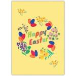 Happy Easter Card with Colourful Flowers and Painted Eggs on Yellow Background