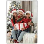 Personalised Family Christmas Photo Card with Festive Hats and Gift Present by Tree