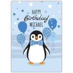 Personalised Blue Penguin Birthday Card with Balloons and Stars for Kids