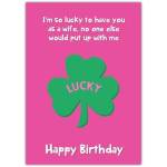 Lucky Green Shamrock For Wife's Birthday Card