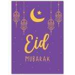 Eid Mubarak Greeting Card with Crescent Moon and Lanterns Design