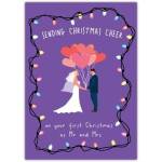 First Christmas as Mr and Mrs Wedding Card with Festive Lights and Heart Balloon Design