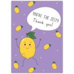 Thank You Card with Cute Lemon Character and You're the Zest Message on Purple Background