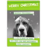 Funny Christmas Card with Sad Dog Wearing Santa Hat and Humorous Greeting