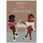 Happy New Year Greeting Card Featuring Two Women Toasting with Drinks Stylish Celebration Design