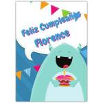Personalised Spanish Happy Birthday Monster Card with Cake and Colourful Bunting