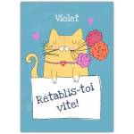 Get Well Soon Cat Holding Flowers Personalised Greeting Card