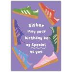 Spezial Trainers Birthday Card for Sister with Colourful Retro Sneakers Design