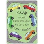 Son Happy Birthday Card with Colourful Cars and Loving Message