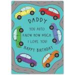 Daddy Birthday Card with Colourful Cars and Humorous Auto Pun