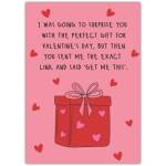 Funny Valentine's Day Card with Red Gift Box and Heart Design Humorous Love Message