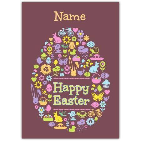 Personalised Happy Easter Egg Card with Spring Icons and Custom Name Option