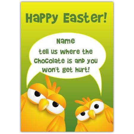 Personalised Funny Happy Easter Card with Chickens and Chocolate Joke