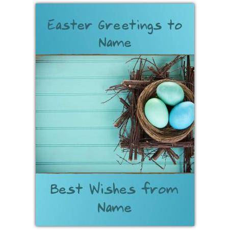 Personalised Easter Greeting Card Blue Eggs In Nest Spring Wishes Option