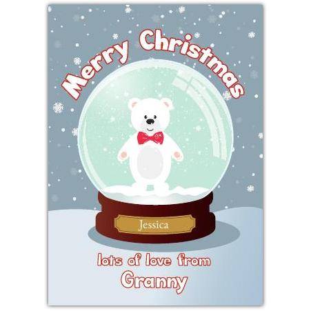 Personalised Teddy Bear Snow Globe Christmas Card Lots of Love from Family Member