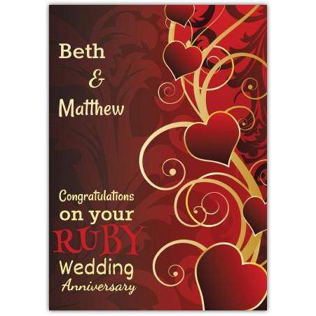 Personalised Ruby 40th Wedding Anniversary Card with Hearts and Elegant Gold Swirls