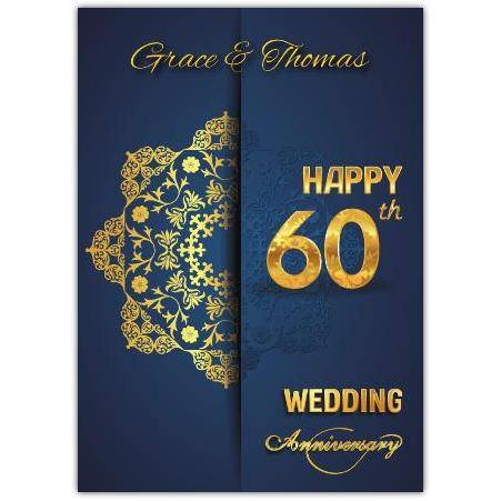 Personalised Diamond 60th Wedding Anniversary Card Blue and Gold Elegant Design