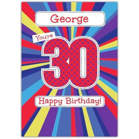 Personalised Retro Style Happy 30th Birthday Card for Him with Custom Name Option