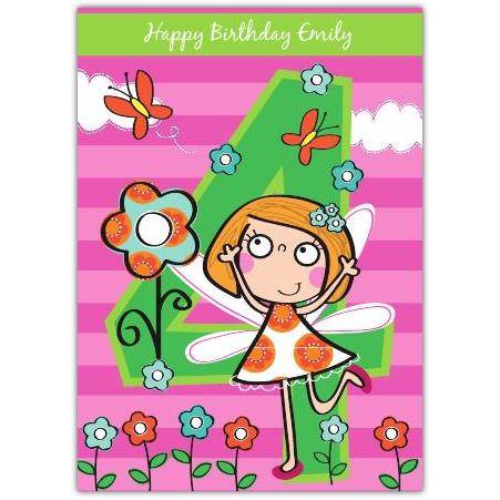 Personalised Fairy 4th Birthday Card for Girls with Name and Flowers Design