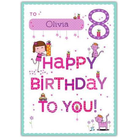 Personalised Happy 8th Birthday Card for Girls with Name and Cute Cat Design