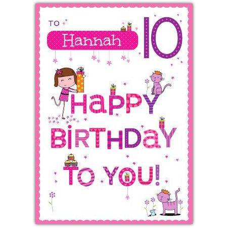 Personalised Happy 10th Birthday Card for Girls with Cute Pink Design and Characters