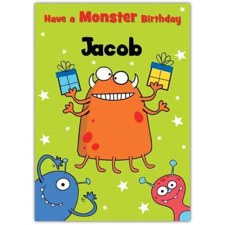 Personalised Monster Birthday Card with Fun Cartoon Monsters for Kids Jacob Name Option