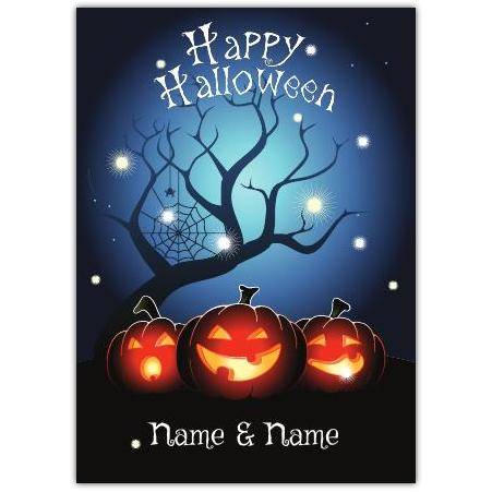 Personalised Happy Halloween Card with Jack-o-Lanterns Tree and Spider Web Design