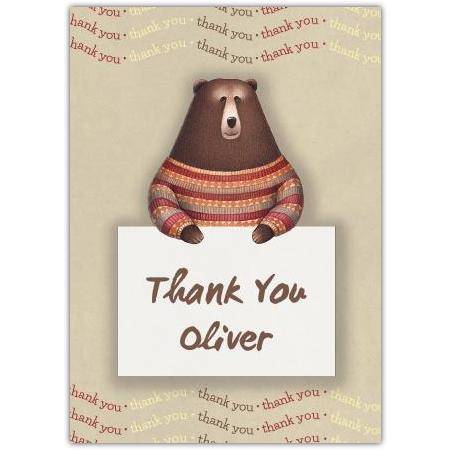 Personalised Thank You Card with Bear Holding Sign Design in Colourful Jumper