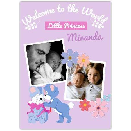 Personalised Welcome to the World Little Princess New Baby Photo Card in Purple
