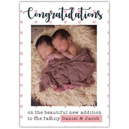 Personalised Congratulations New Baby Twins Photo Card with Hearts Design