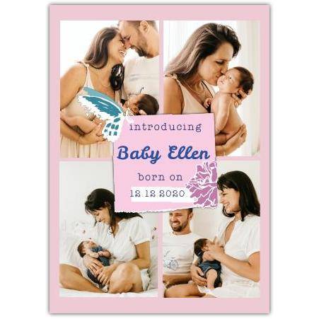 Personalised New Baby Girl Photo Card with Name and Date Born in Pink Butterfly Design