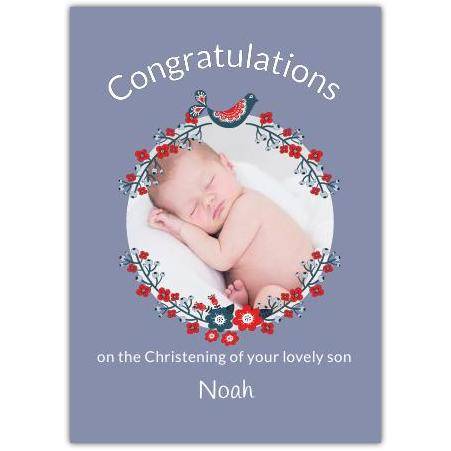 Personalised Congratulations Christening Card for Baby Boy with Red Floral Frame and Photo Upload