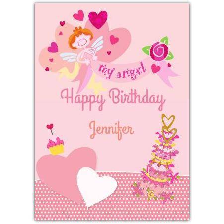 Happy Birthday My Angel Pink Hearts and Cake Personalised Girl Birthday Card
