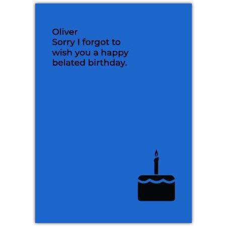 Personalised Belated Birthday Card with Blue Background and Black Cake Silhouette