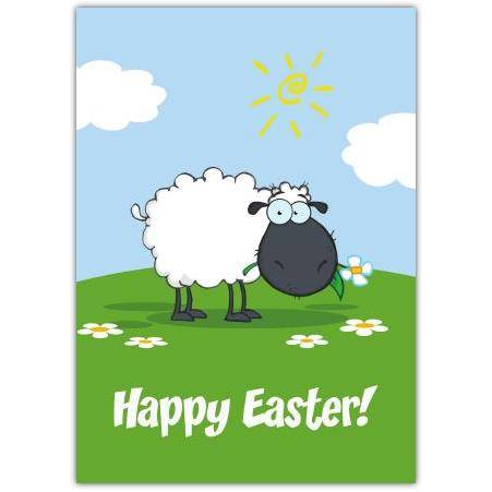 Happy Easter Card with Cute Cartoon Sheep Eating Daisy Spring Greeting