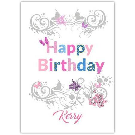 Personalised Happy Birthday Card for Girls with Butterfly and Floral Ornament Design