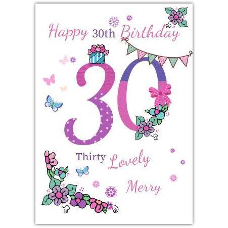 Happy 30th Birthday Card with Purple Pink Butterfly and Floral Banner Design
