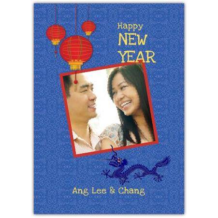 Personalised Chinese New Year Blue Dragon Photo Greeting Card with Red Lanterns