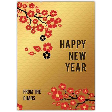 Personalised Chinese New Year Card with Red Cherry Blossom Design and Gold Background
