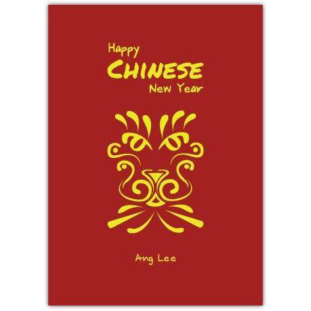 Chinese New Year Card with Yellow Dragon Design on Red Background
