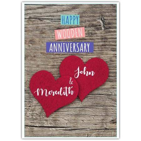 Personalised Wooden Felt Hearts Happy Anniversary Card