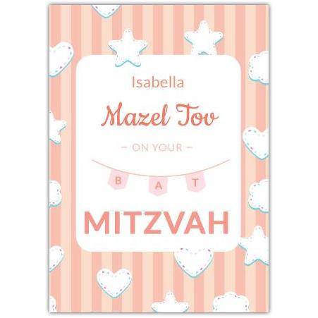 Personalised Pink Bat Mitzvah Greeting Card with Hearts and Stars Design